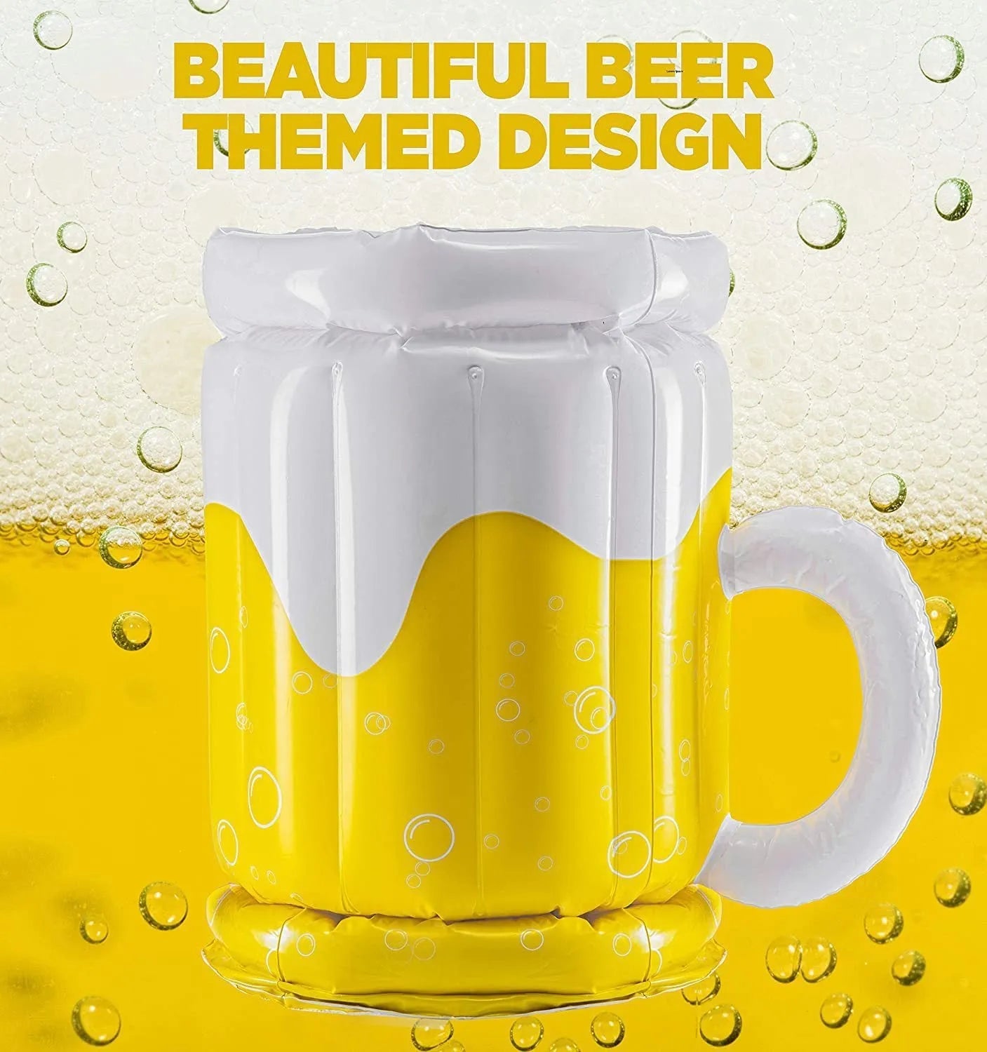 Large yellow inflatable beer mug drink cooler floating in a swimming pool.