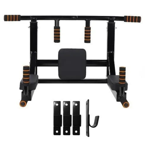 Black wall-mounted fitness equipment with sandbag rack and single parallel bars