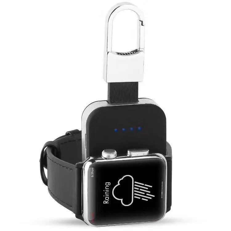 Black portable Apple Watch wireless charger power bank on a keychain.