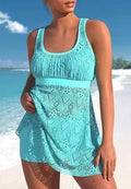 Women's solid colour conservative split two-piece swimwear set for swimming sports.