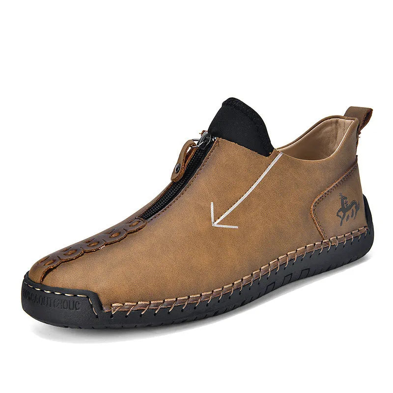 Men's black front zip Martin boots with hand-stitching on artificial PU upper and rubber sole.