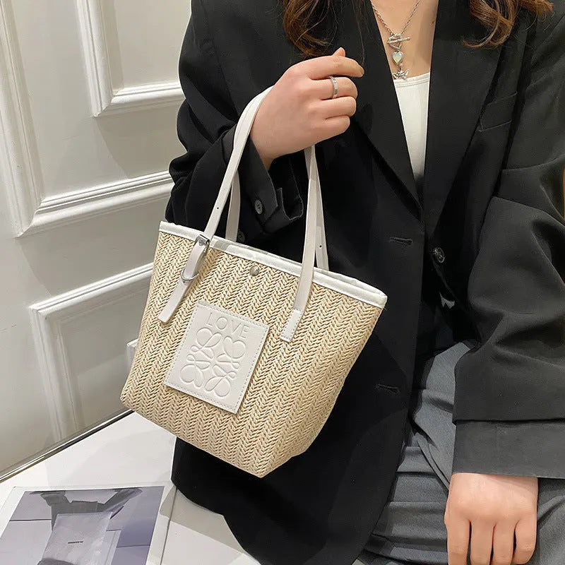 Women's straw woven shoulder bag in European retro style with large capacity and soft straw PU material