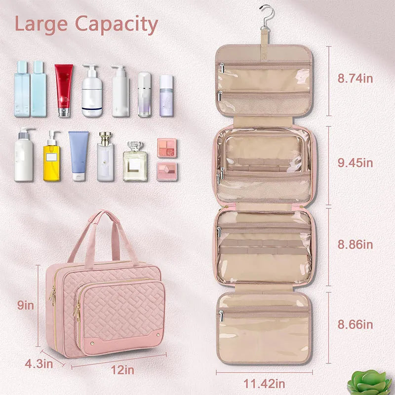 Pink and black waterproof hanging cosmetic storage bag with dimensions 30.5cm by 11cm by 22.9cm