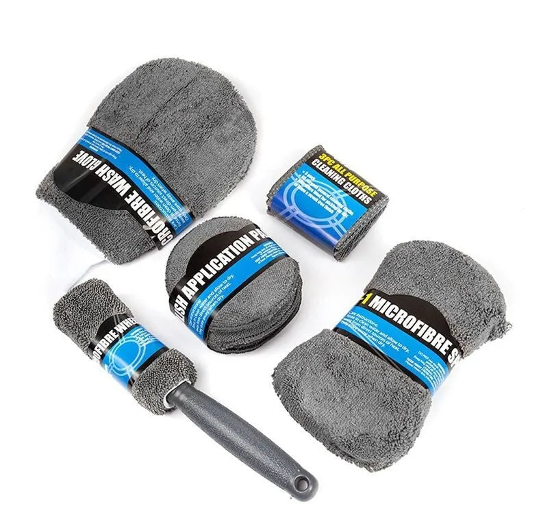 Grey 9-piece car wash set with microfiber sponge, glove, tyre brush, waxing wipes, and towels.
