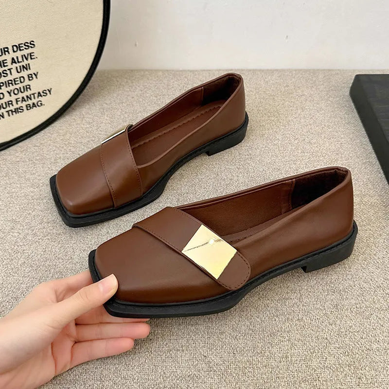 Women's square toe flat shoes with metal buckle in beige, black and brown colours with low 1-3cm heel
