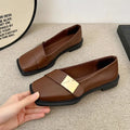 Women's square toe flat shoes with metal buckle in beige, black and brown colours with low 1-3cm heel