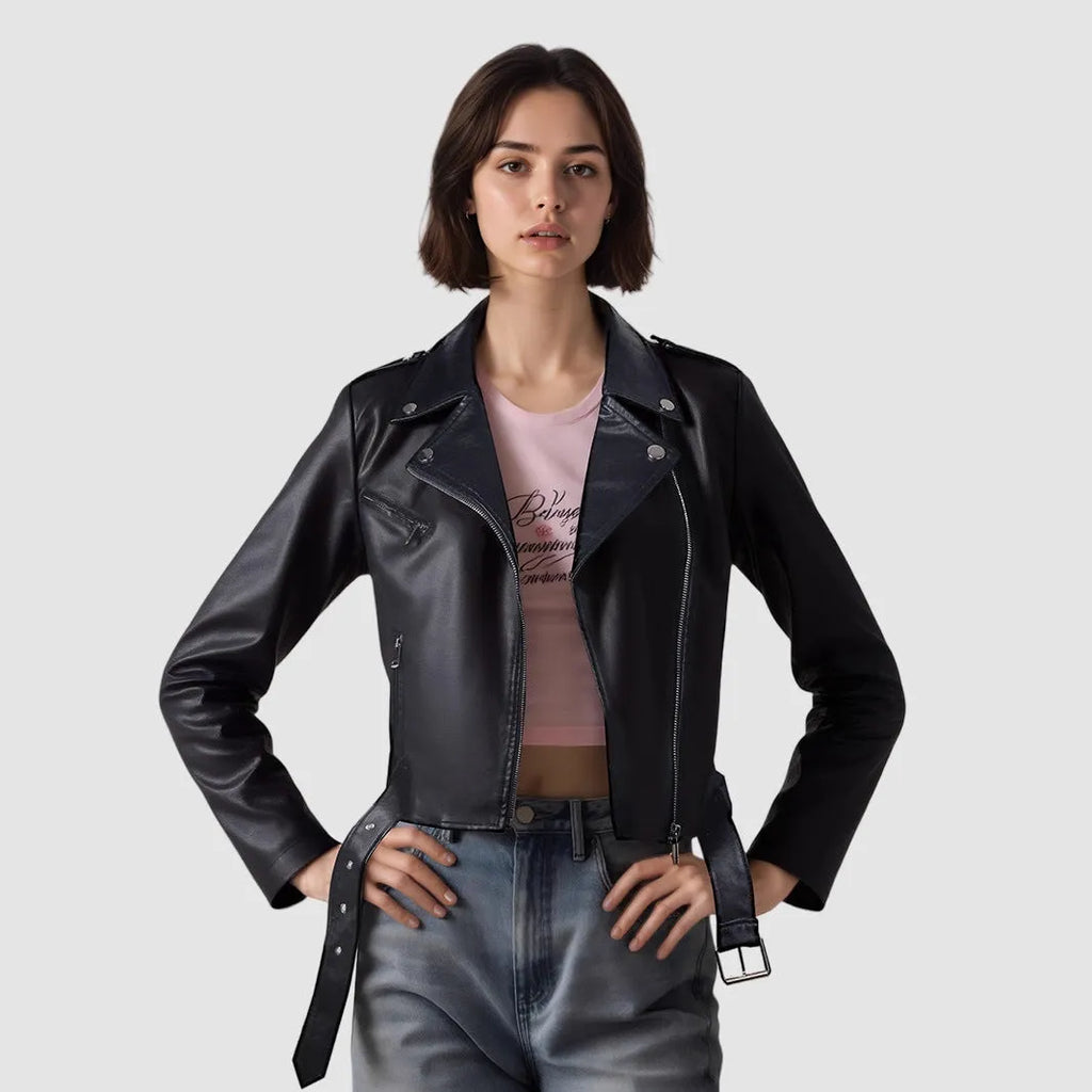 Women's red PU leather lapel jacket with an integrated short belt, shown on a model.