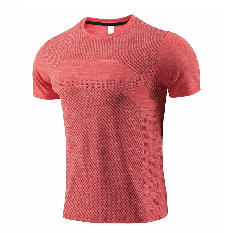 Short sleeve sports T-shirt for running and basketball in polyester spandex fabric, shown in red.