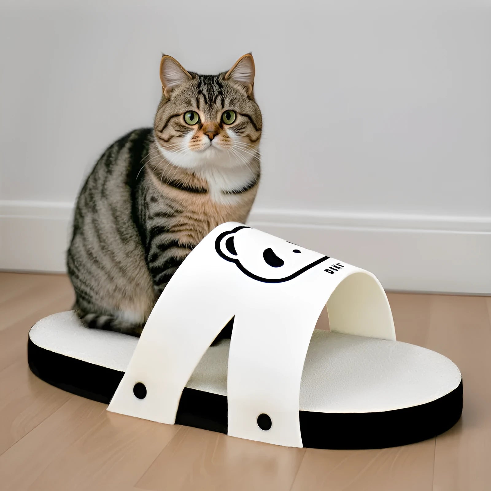 White slipper-style corrugated paper cat scratch board on a flat surface.