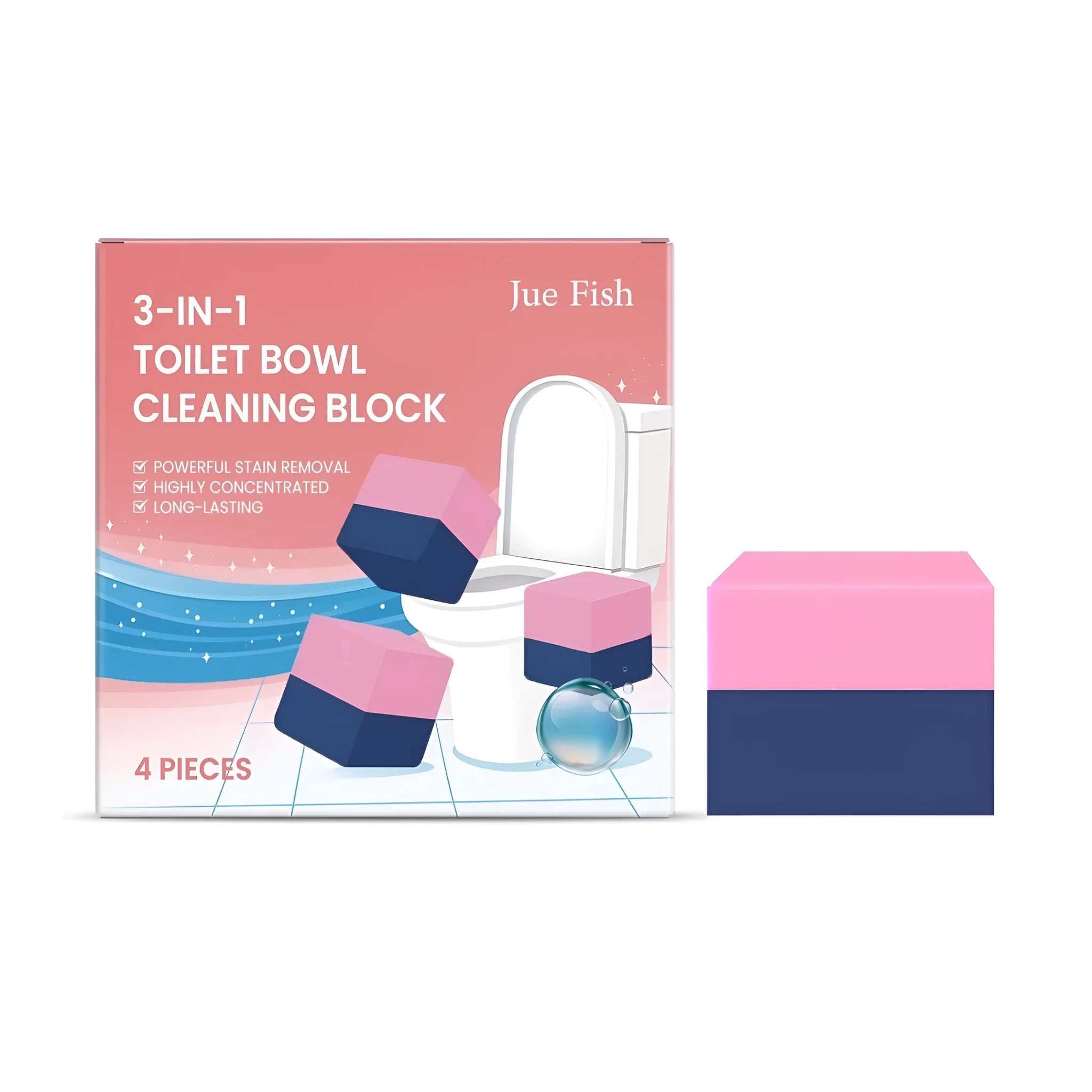 Pack of four three-in-one toilet cleaning blocks for cistern use, with citric acid and sodium bicarbonate formulation.