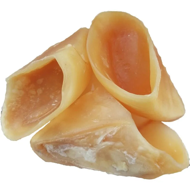 A natural hoof-shell coloured cowhide chew stick for dogs, shown in two sizes.