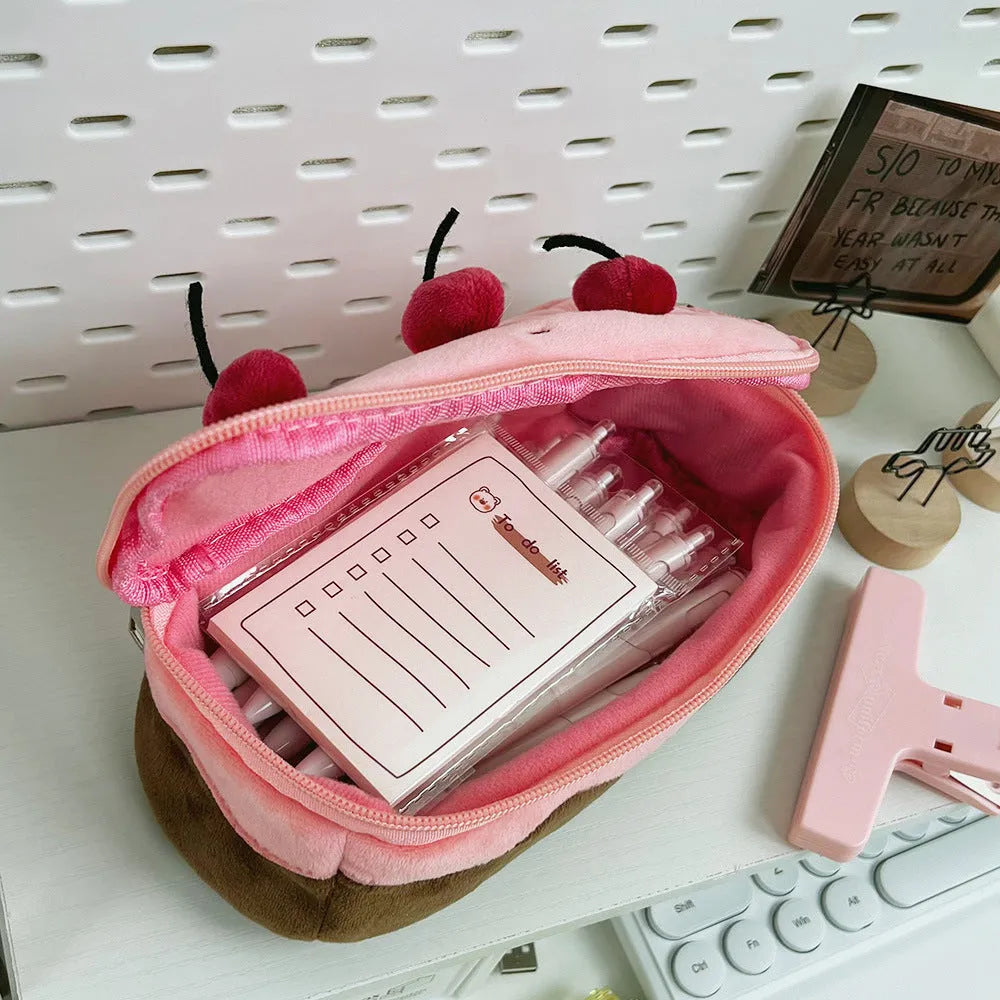 Cherry Cake design velvet pencil case in Korean style.