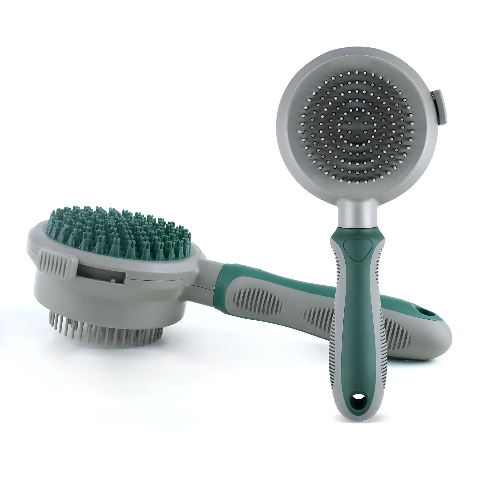 Green and pink dual-sided pet brush showing retractable slicker brush and silicone massager on a white background