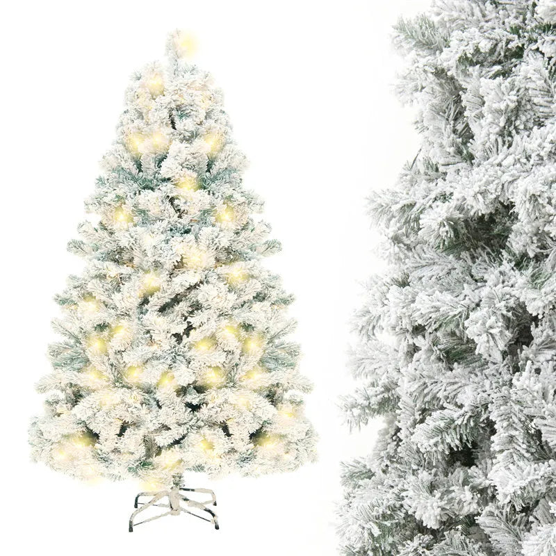 PVC artificial snow-covered Christmas tree on a metal stand, shown in green and white colour.