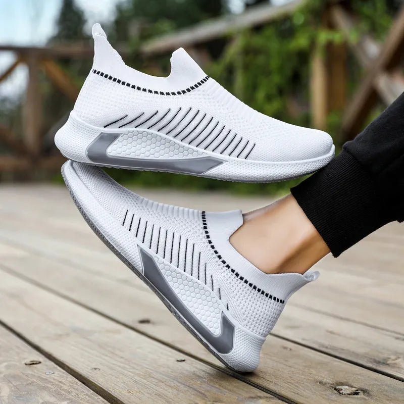 Men's striped mesh sock shoes with flyknit upper and plastic sole in black, black white, or white colour options