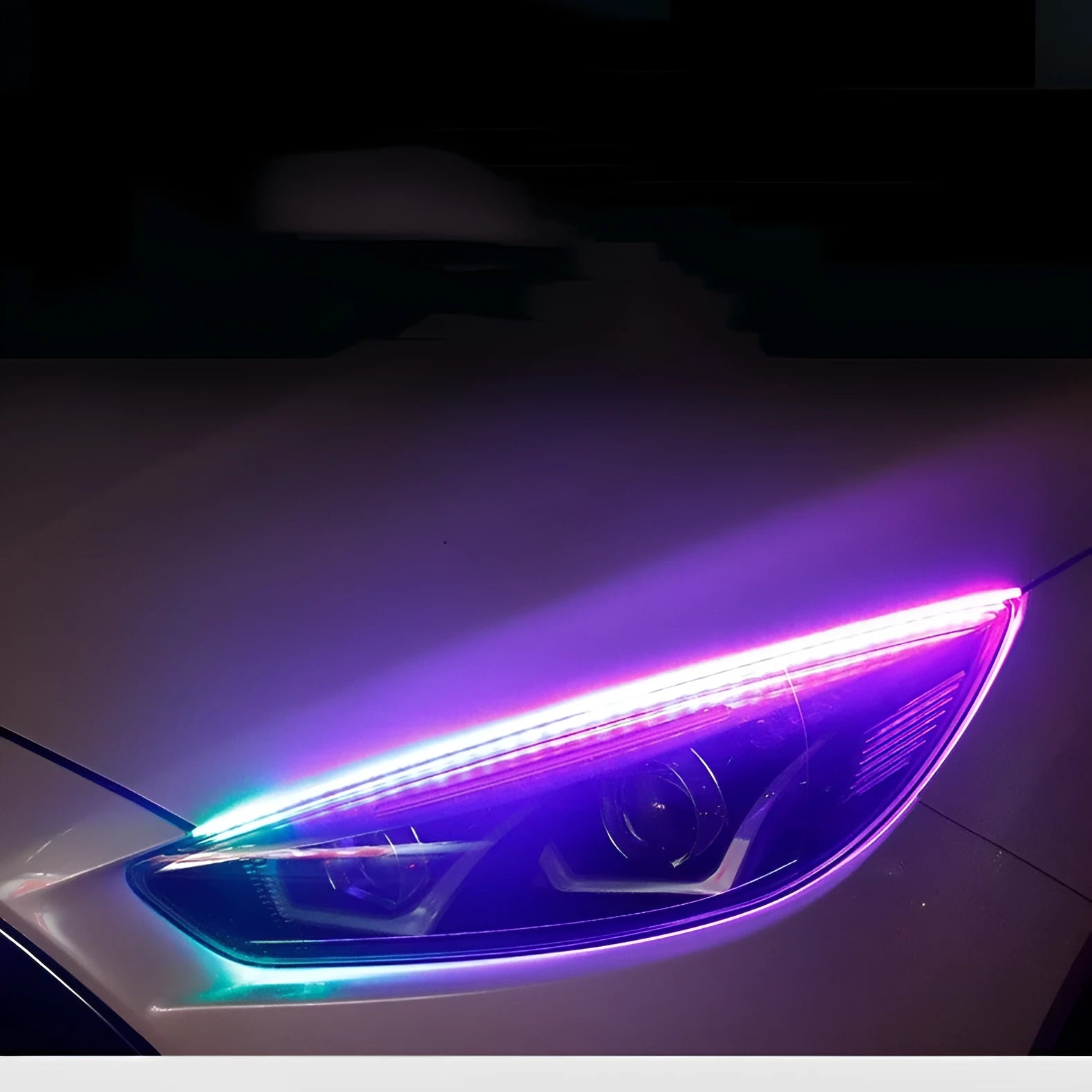 Universal RGB colour-changing LED daytime running light strip with remote control in 30cm, 45cm, and 60cm lengths.