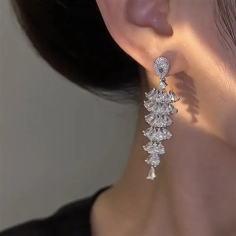 Silver pagoda Christmas tree drop earrings with sparkling zircon decoration on copper studs