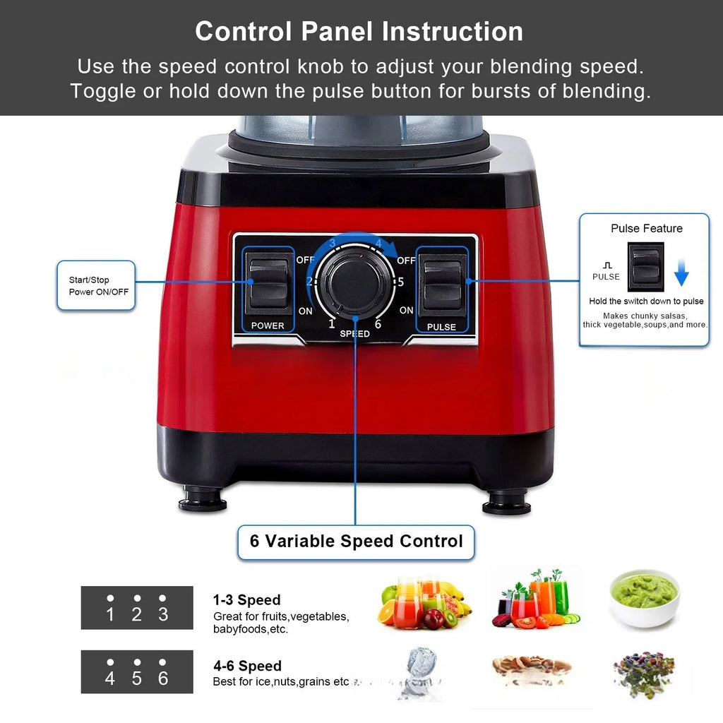 Red commercial heavy-duty blender with 2200W motor and 2-litre capacity jar on counter.