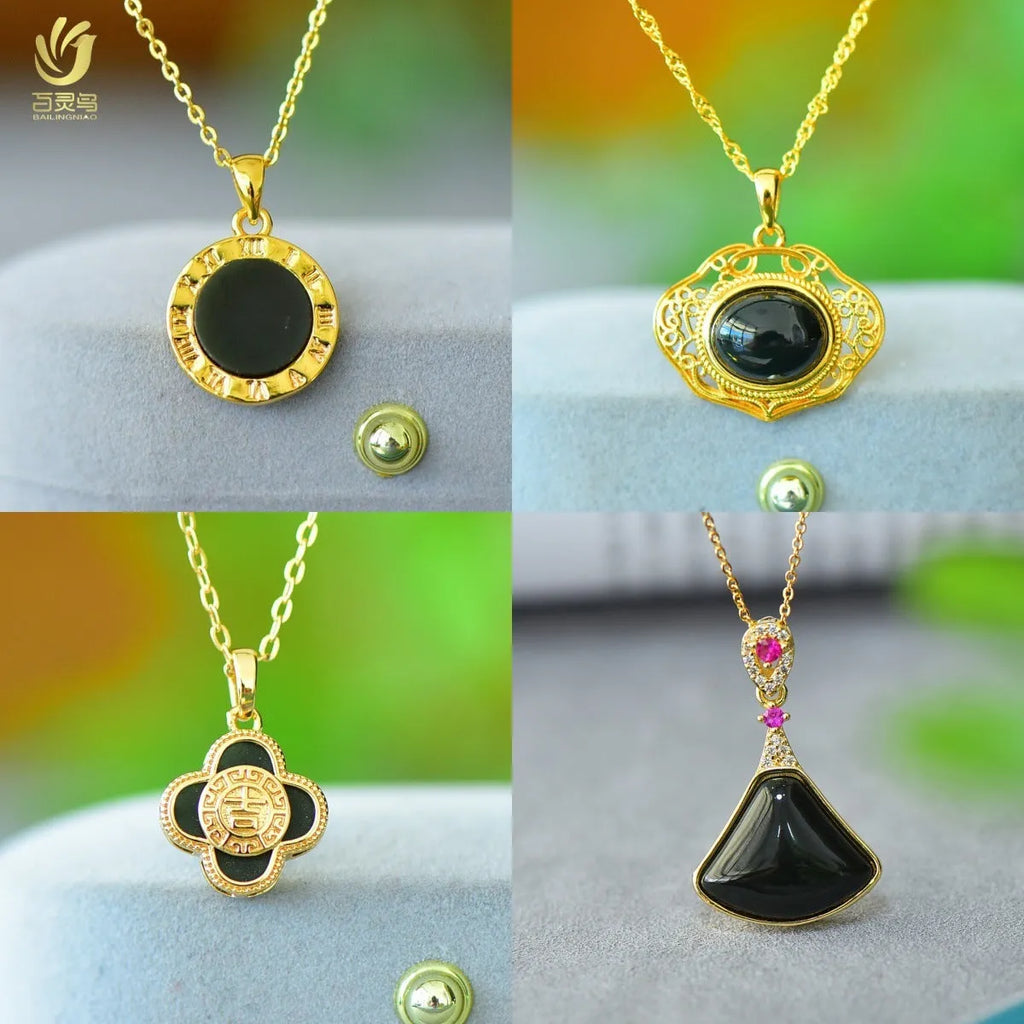 Natural Hetian gray jade pendant with copper inlay detailing on minimalist necklace