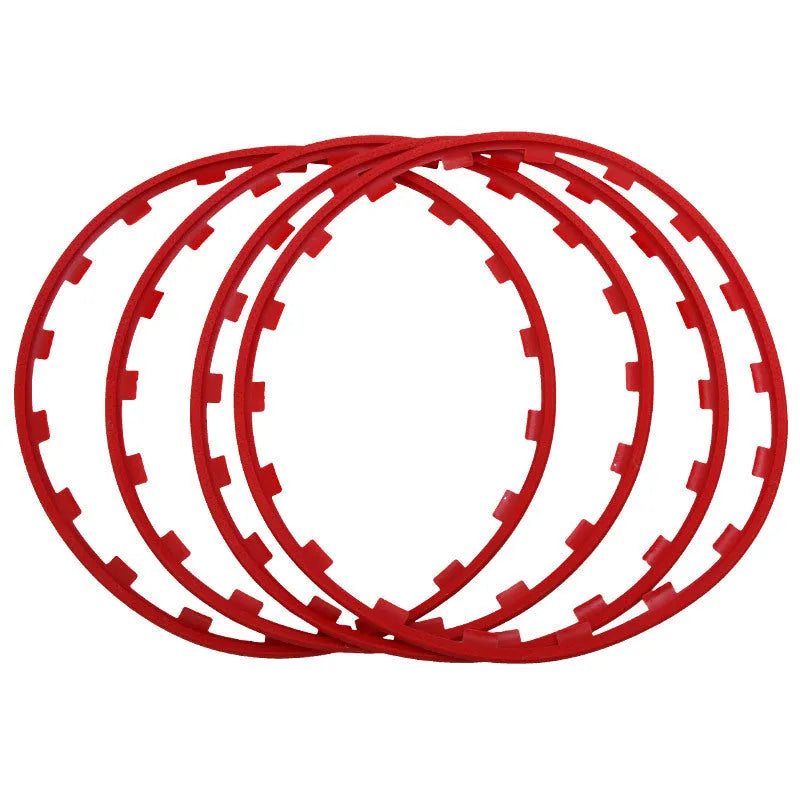 Set of four coloured nylon wheel hub protection rings for car alloy wheels.