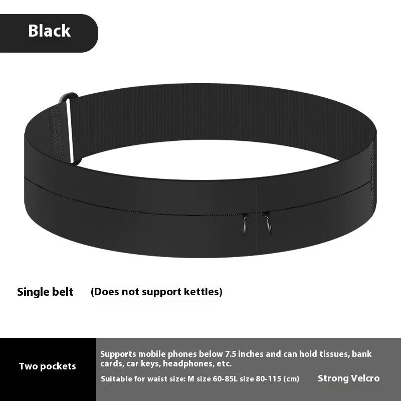 Black running waist bag with nylon fabric, two pockets, and 300ml kettle on white background