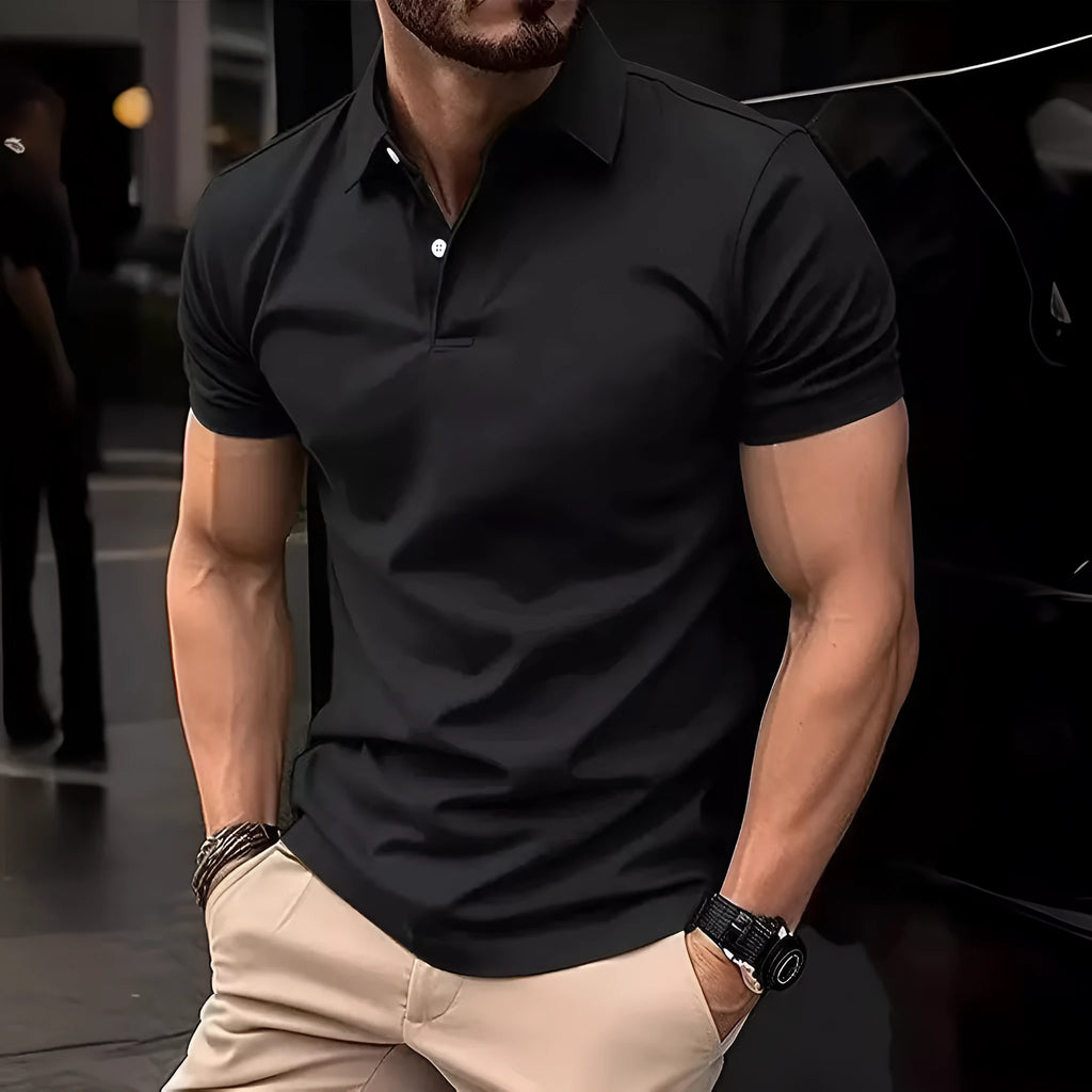 Men's slim fit casual short sleeve button-down shirt in a solid colour.
