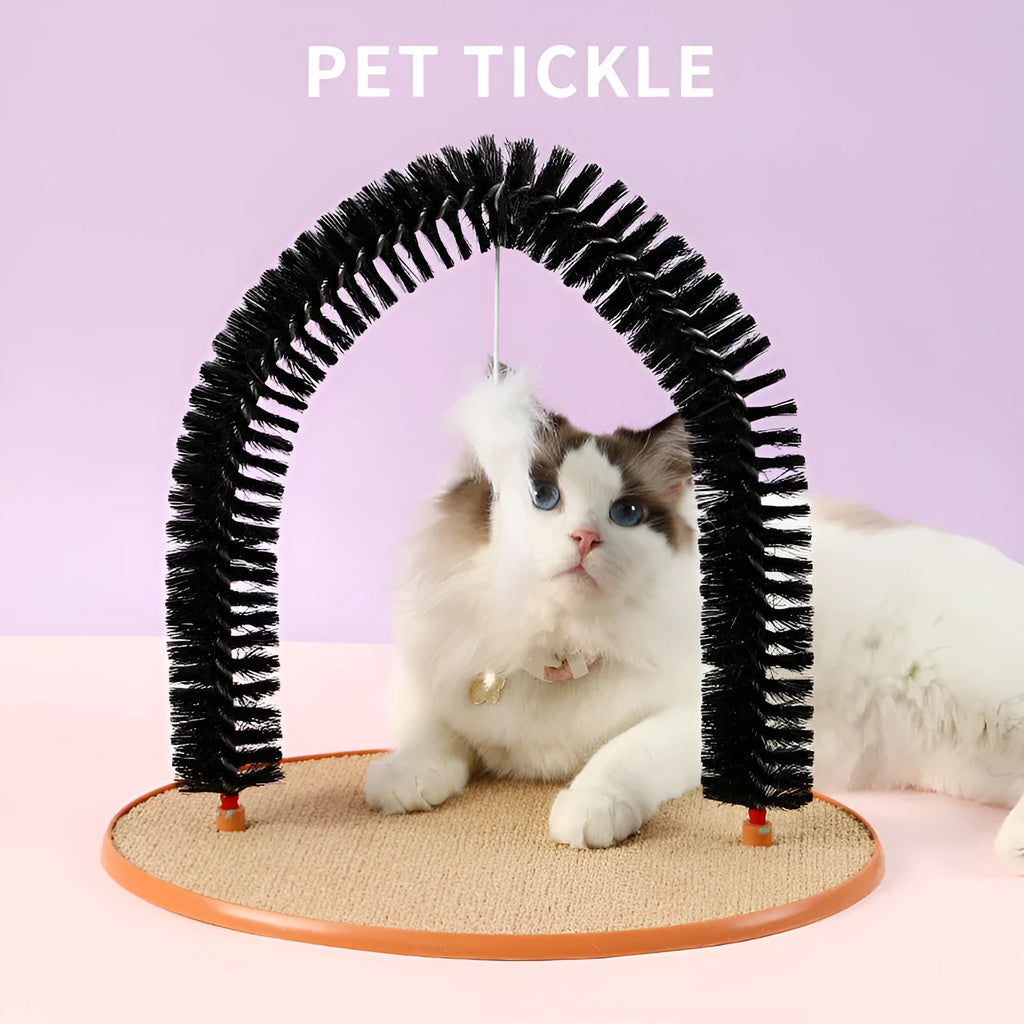 Black arch-shaped cat grooming brush with scratching surfaces and attached plush mouse toy on non-slip base