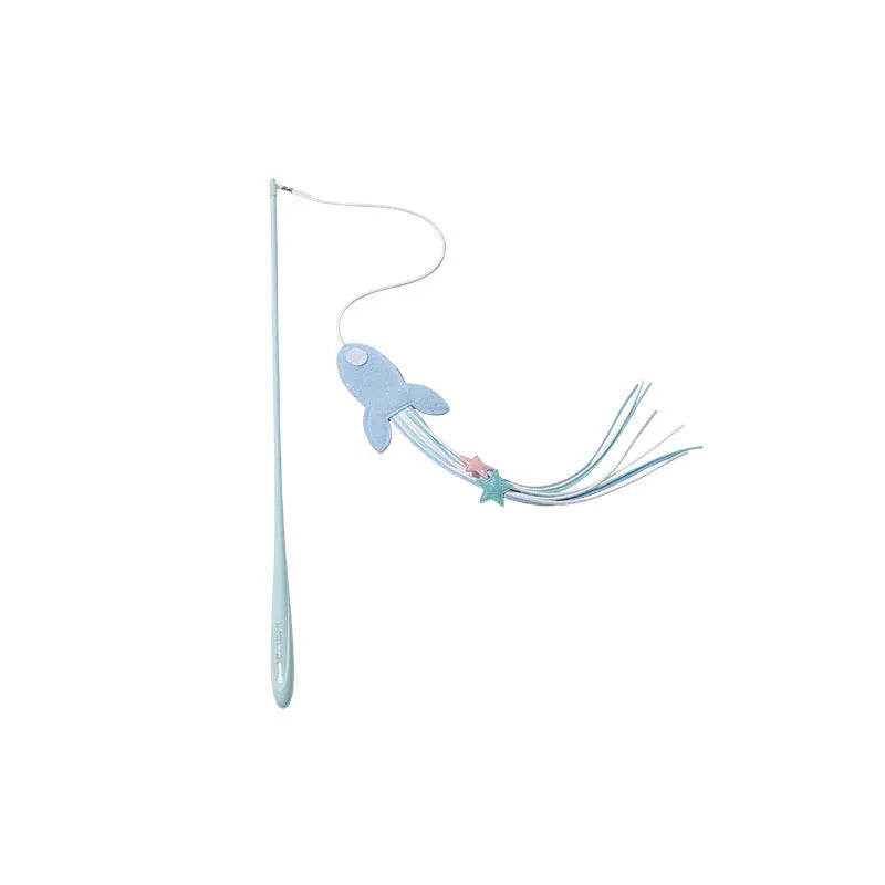 Blue cat teaser toy on a long pole with white feathers and an inflated ego component.