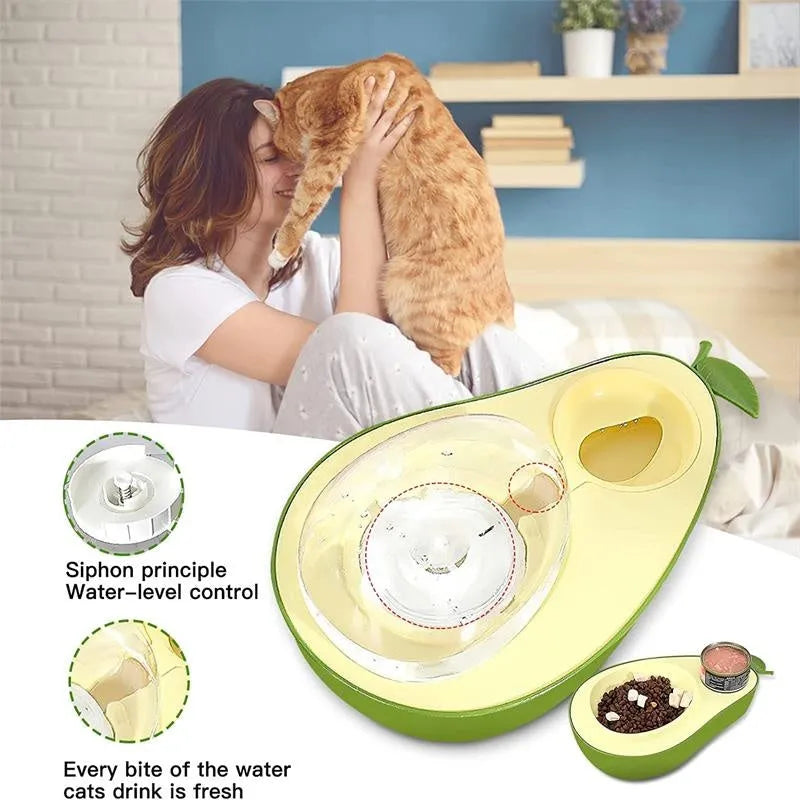 Avocado shaped automatic cat water dispenser and food feeder with slow bowl option