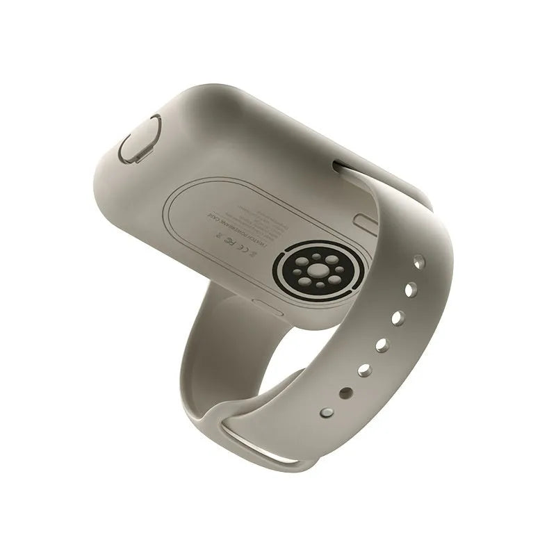 Apple Watch portable wireless power bank charging case with silicone sleeve in brown colour.