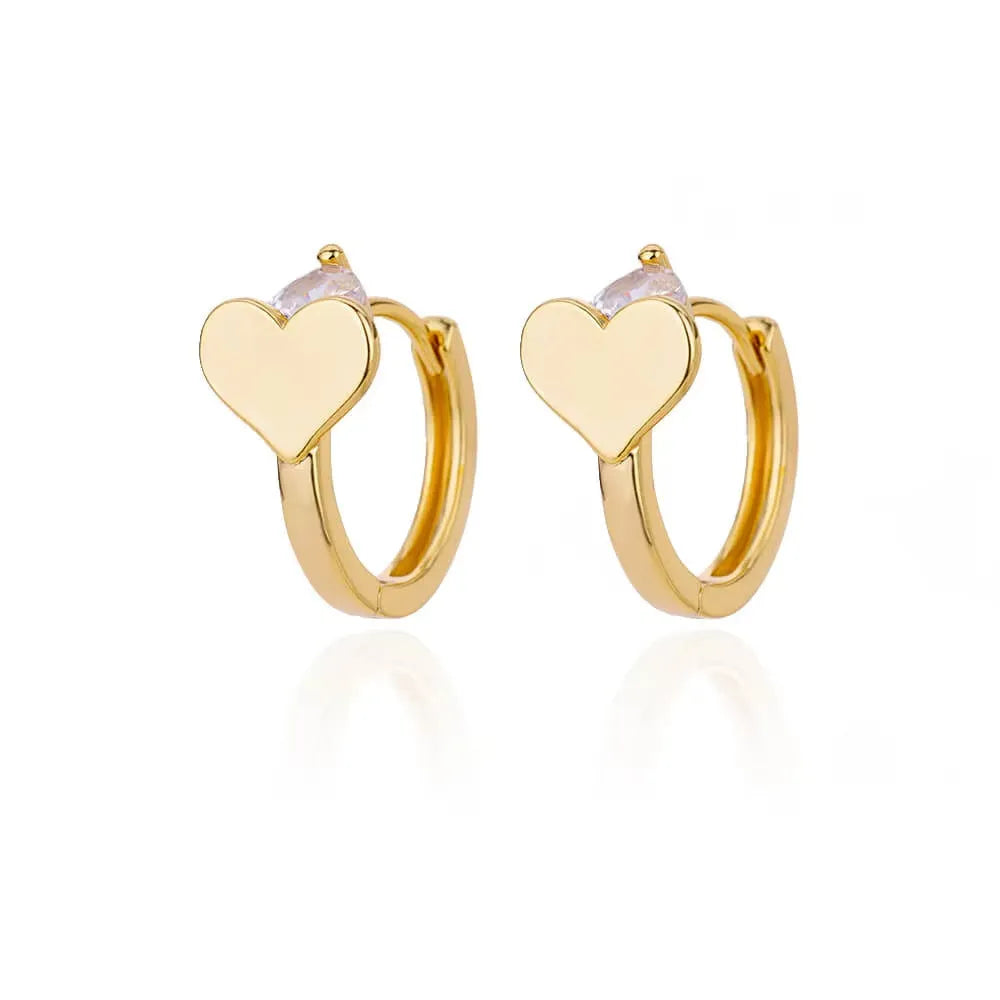Gold-plated heart-shaped stud earrings with zircon centre and ear clip backing