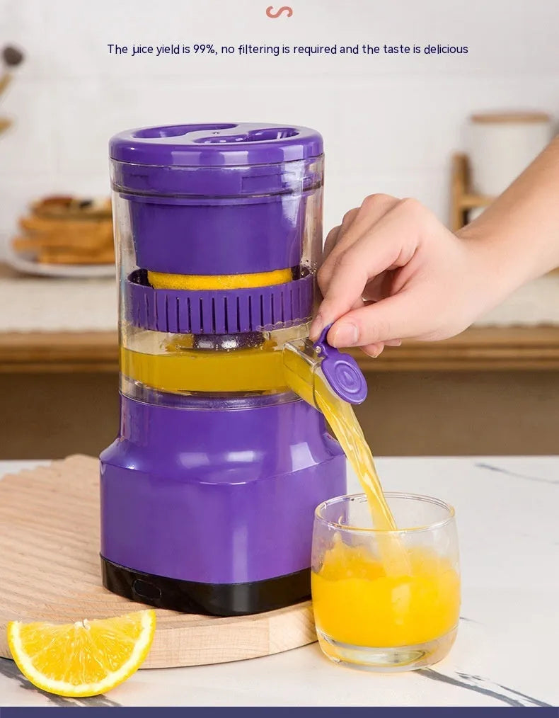 Purple USB rechargeable electric citrus juicer with detachable cone and pulp filter.