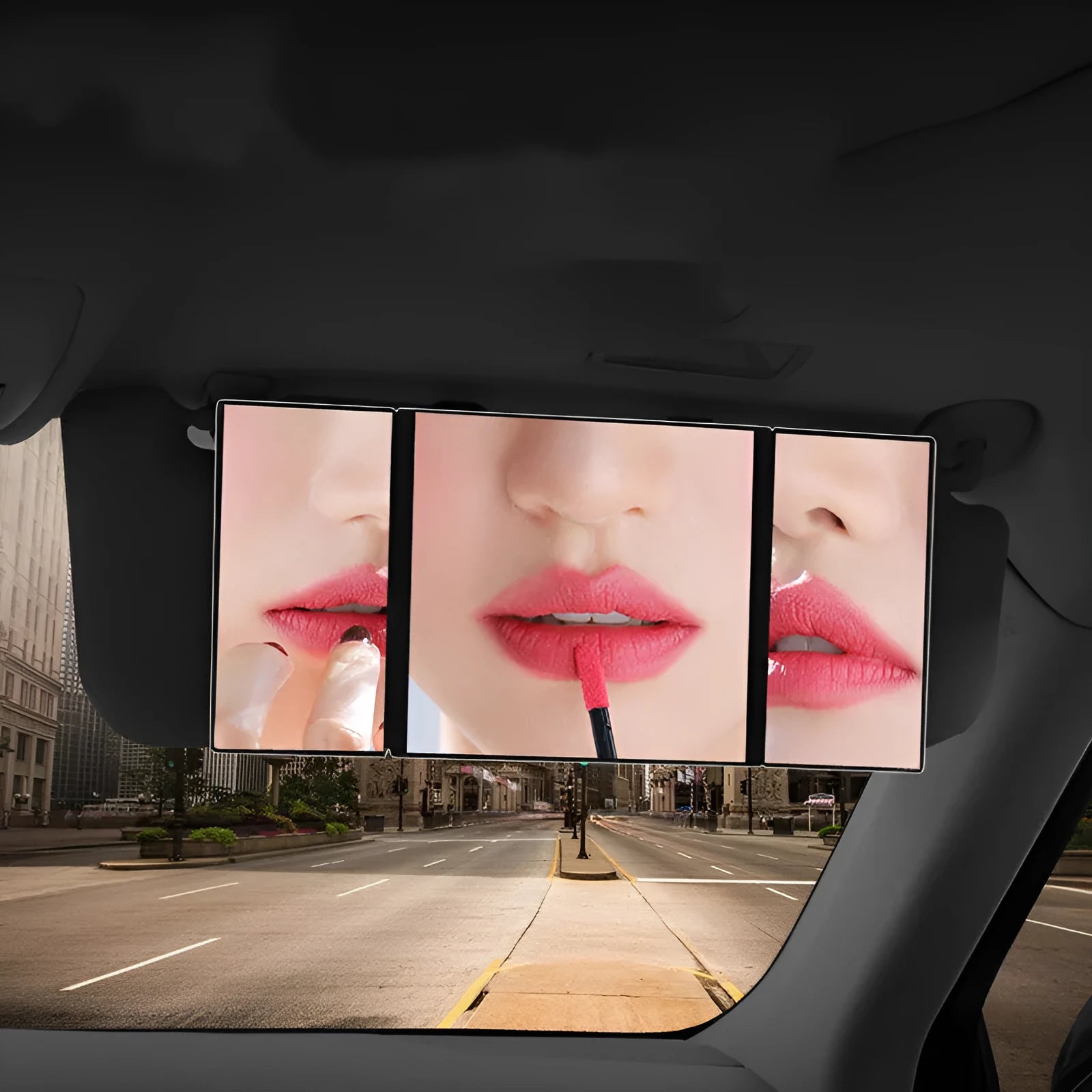 Silver car folding makeup mirror shown both closed and open with dimensions