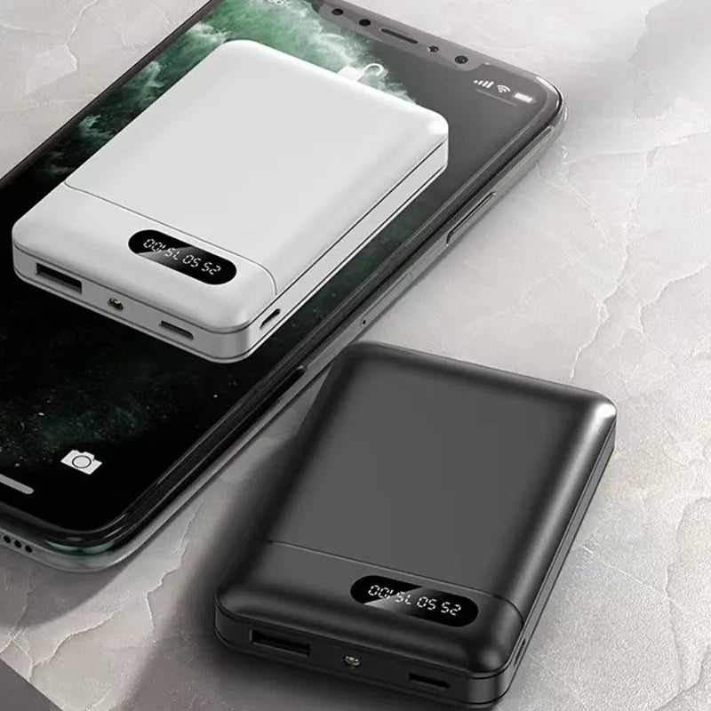 White and black portable power bank with 10000 mAh capacity and multiple USB charging ports