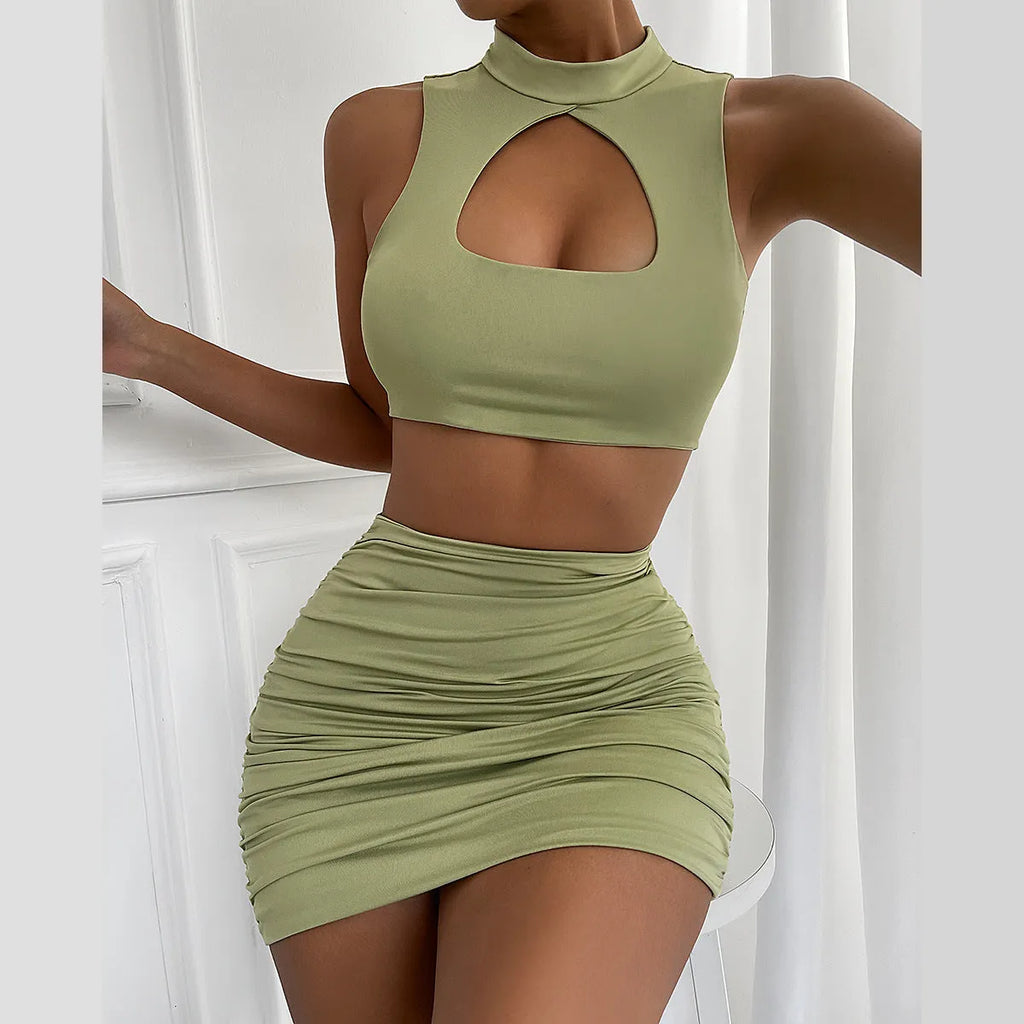Women's two-piece set with cutout vest and split skirt in light purple elastic polyester fabric