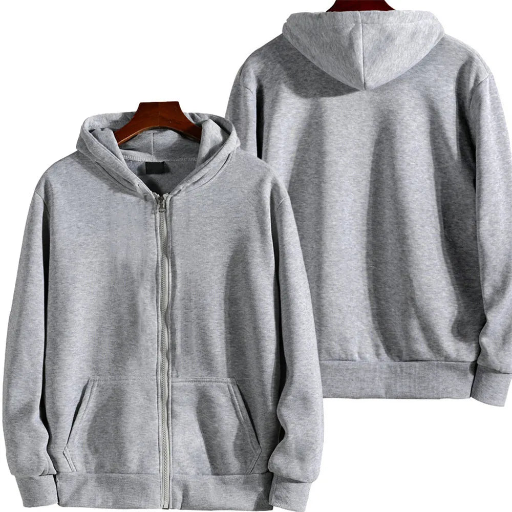 Men's loose fitting solid colour zip-front sports jacket cardigan on a hanger
