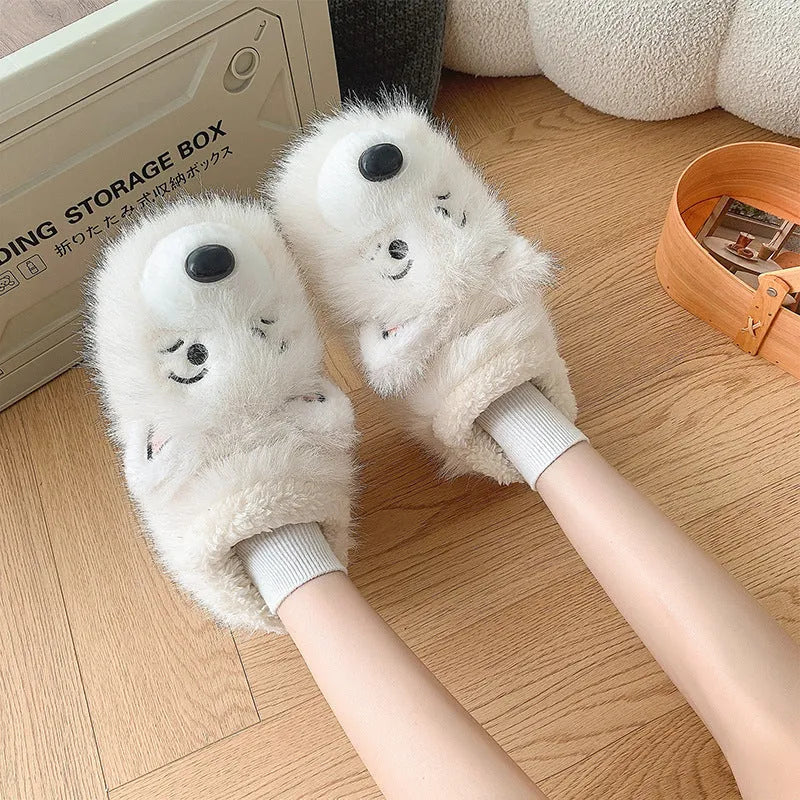 Women's ankle wrap cotton slippers with plush upper in grey and white colour options
