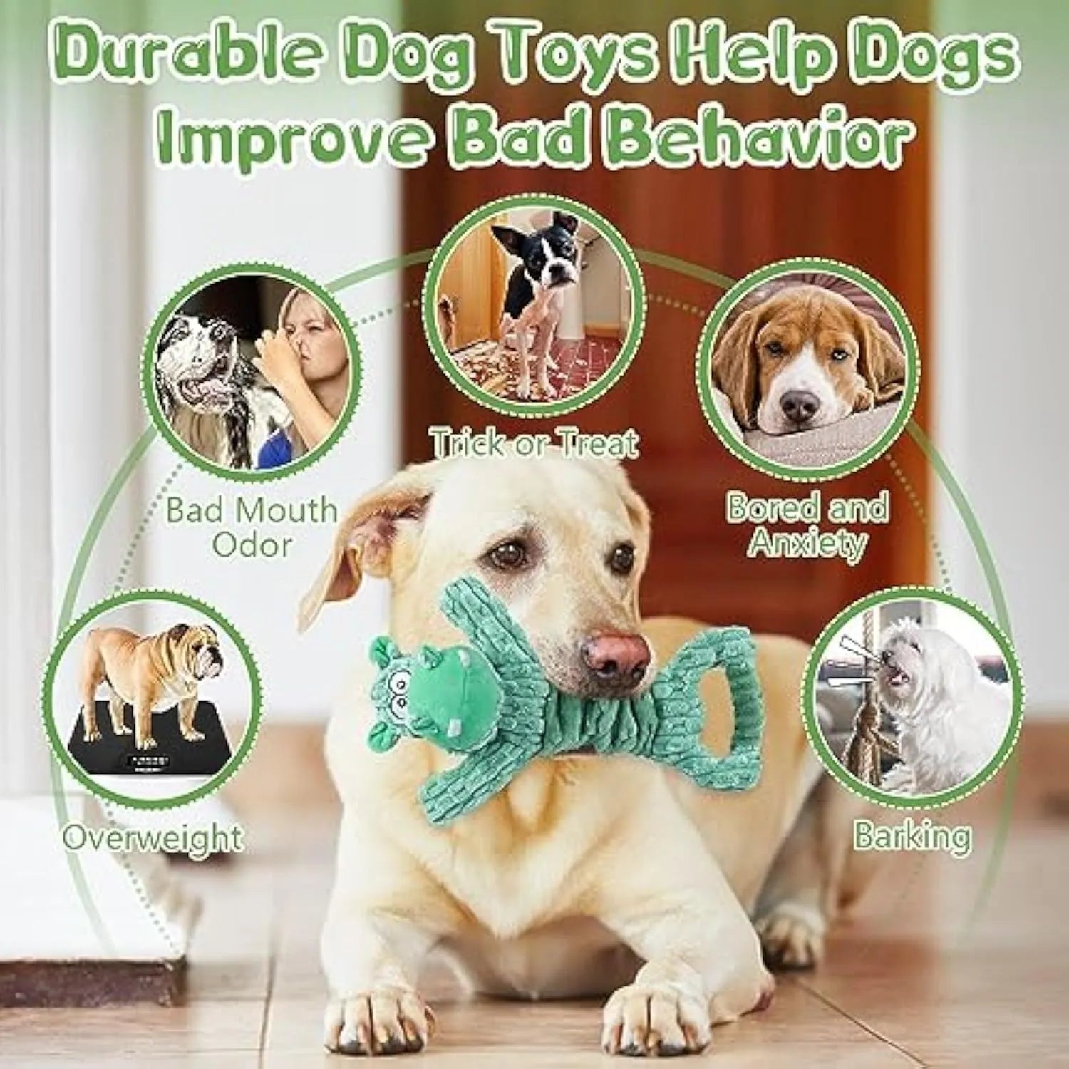 Large plush squeaky dog toy with telescopic body and crinkle paper handle for tug of war play
