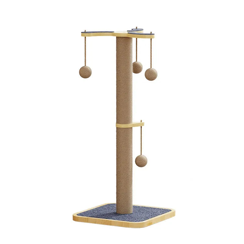 Windmill-themed cat climbing frame toy made from pine wood with a carpet leather scratch surface and a hanging ball.