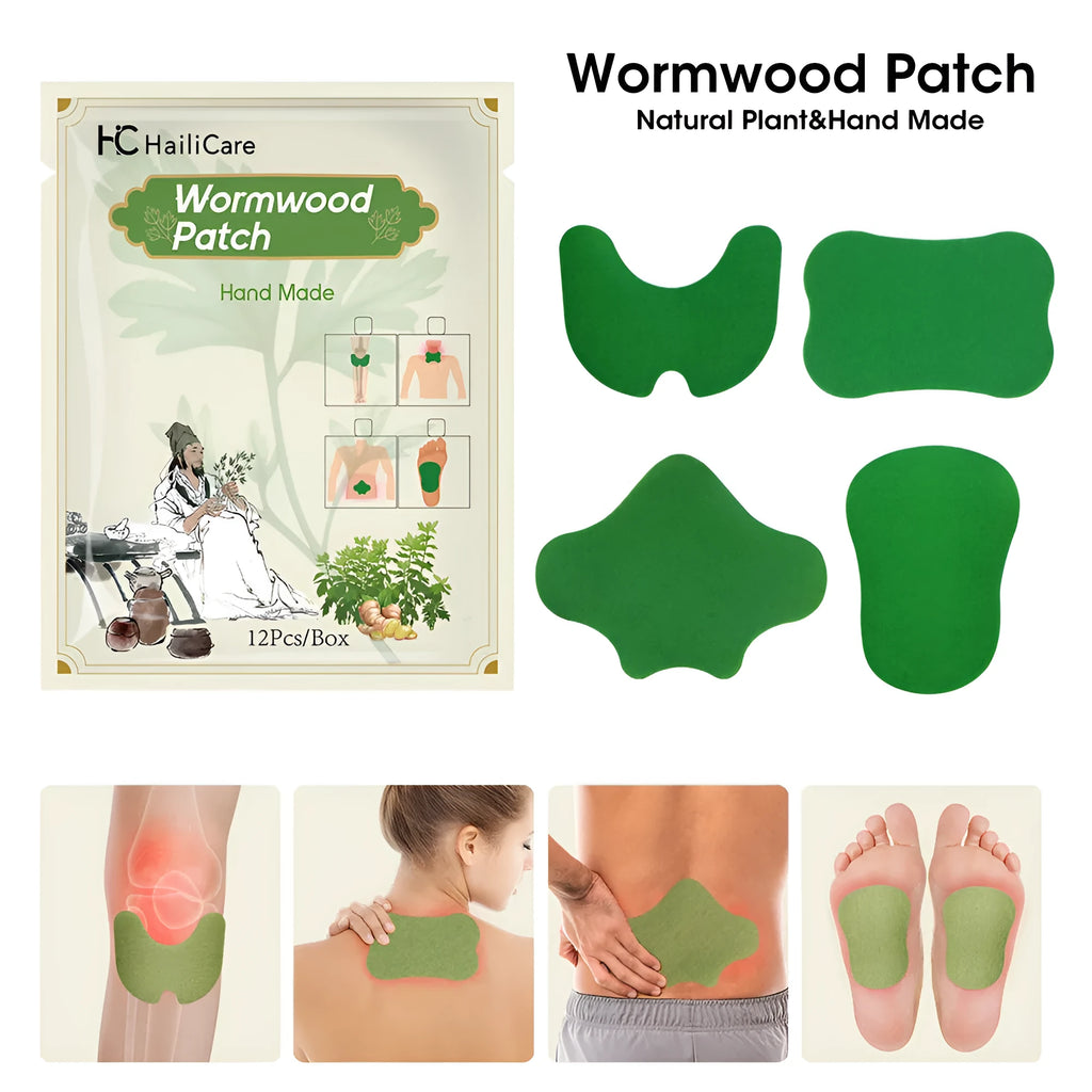 Chinese mugwort herbal patch collection showing knee, lumbar, cervical and foot patches with traditional herbal ingredients