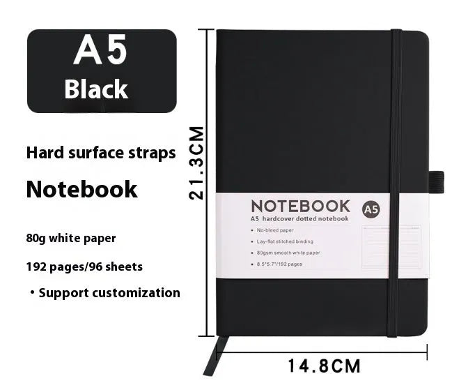 A5 soft touch PU leather notebook open on lined pages, shown in multiple colour options.