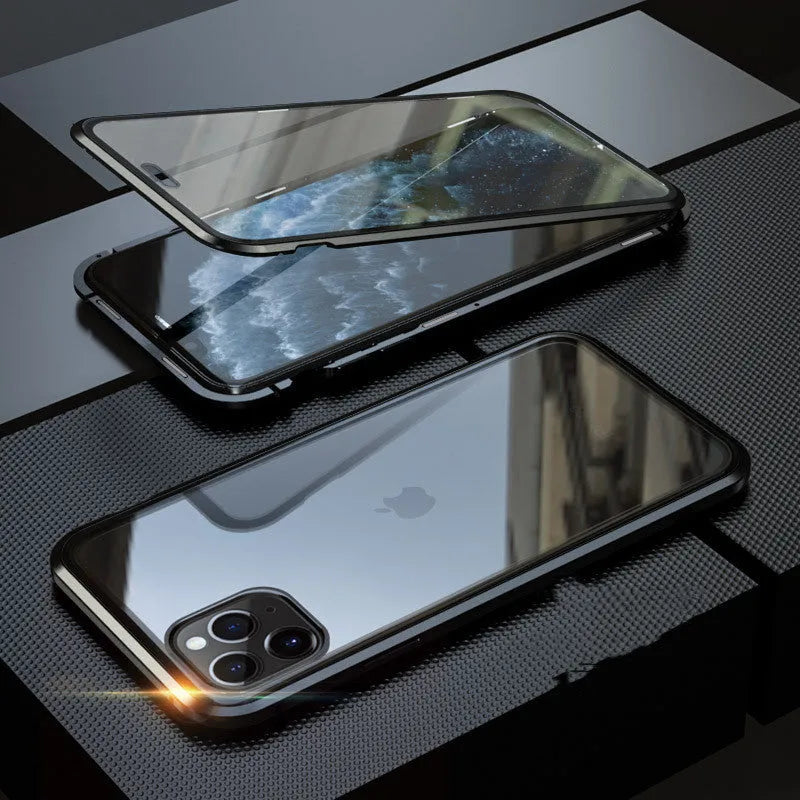 Tempered glass anti-spy phone case for iPhone with geometric pattern in black silver red gold green or blue