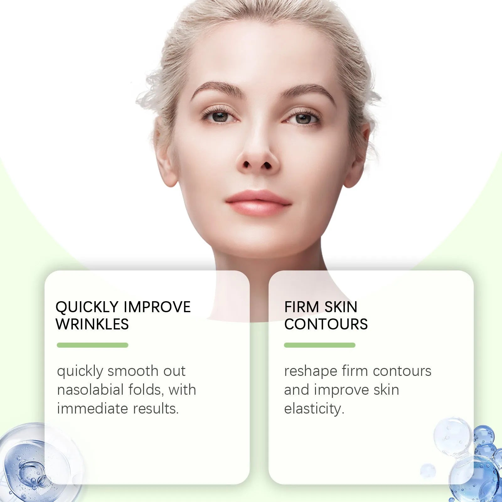 Two rectangular collagen and hyaluronic acid facial patches for skin firming care