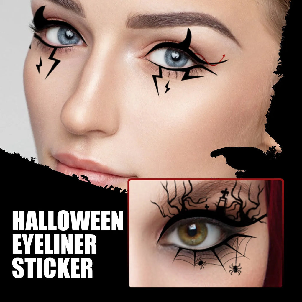 Eight pairs of bat and spider design eyeliner stickers for decorative Halloween makeup
