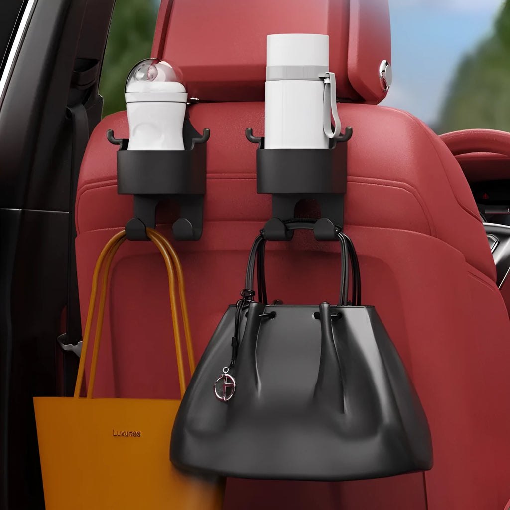 Black plastic car seat back organiser with cup holder and storage hooks