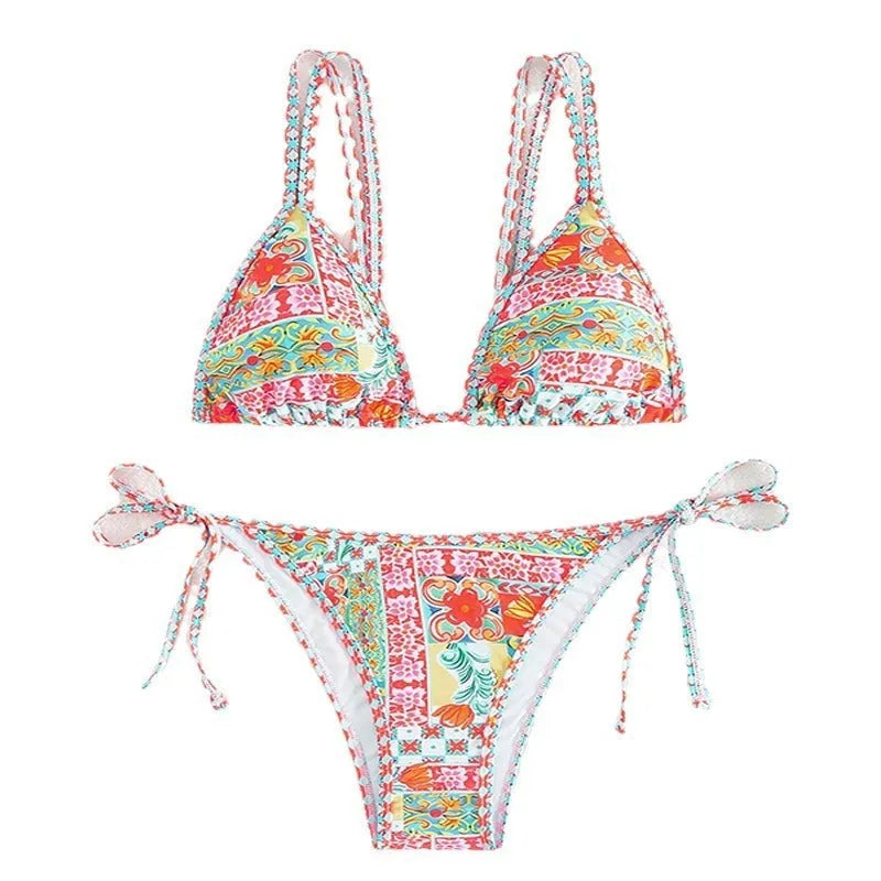 Women's lace-up front swimsuit bikini set with high-cut split-side briefs in picture colour.