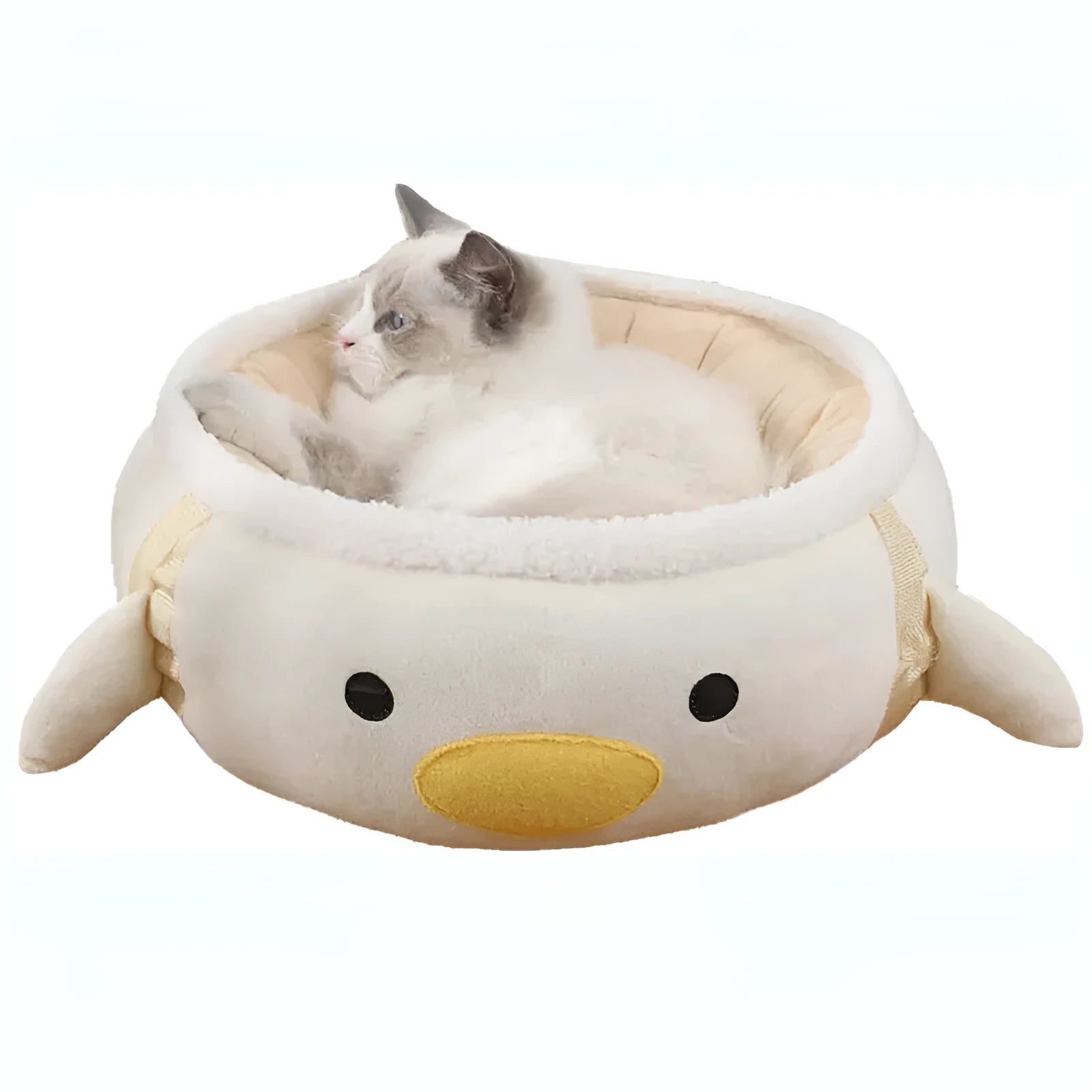 Green chick-shaped cat bed shown both flat and hanging as a hammock, for small pets.