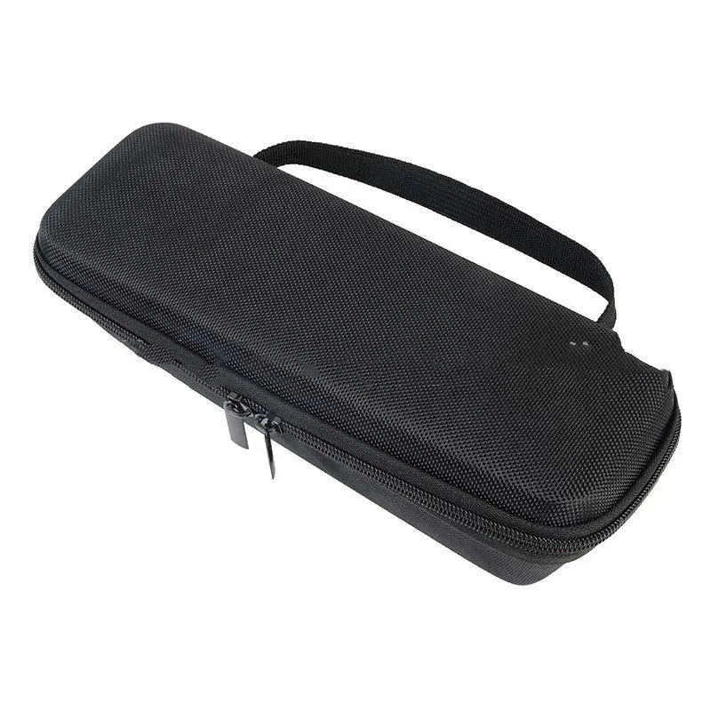 Black EVA Bluetooth speaker storage case with climbing carabiner, grey inner lining, size 280x100x90mm
