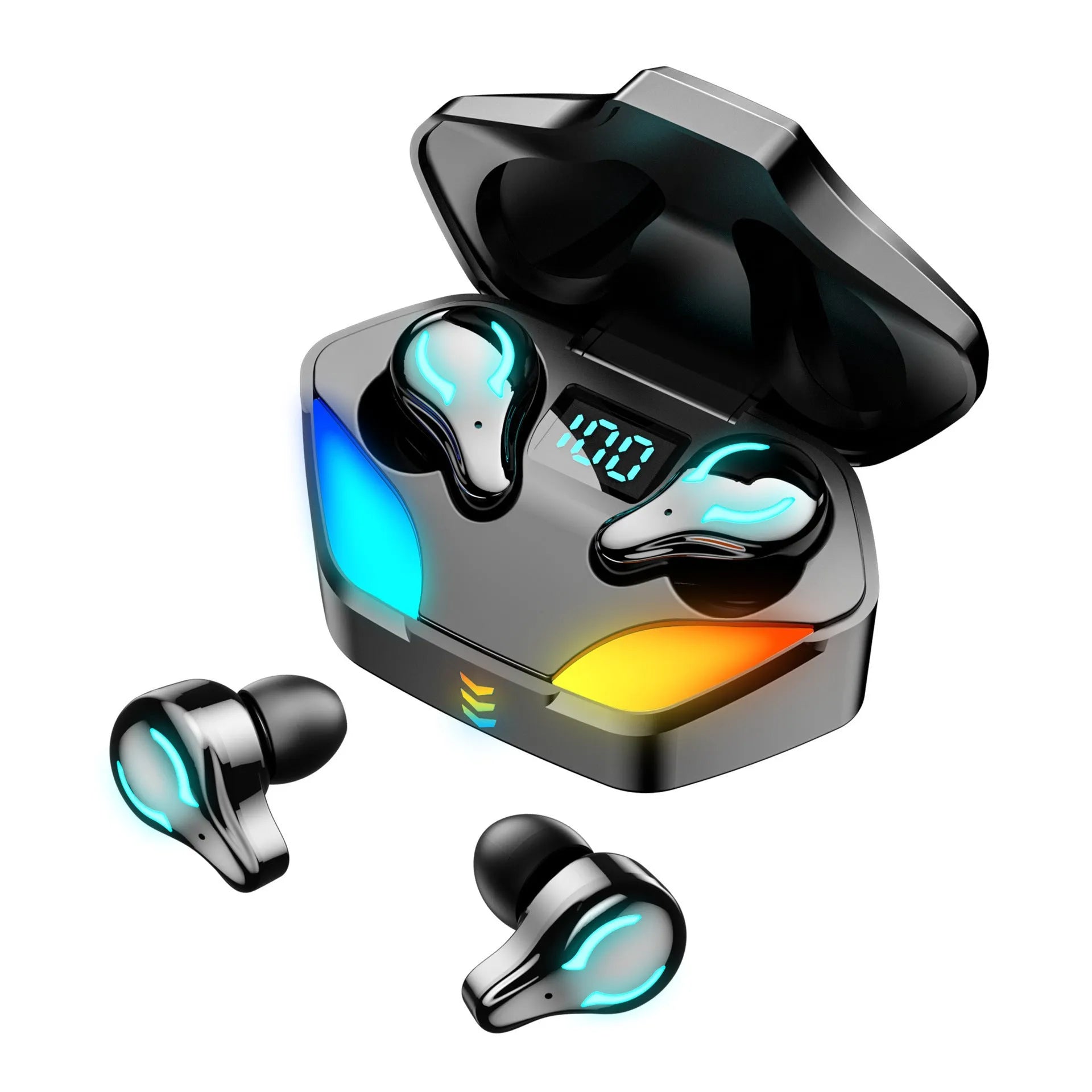 Black Bluetooth in-ear gaming headset with wireless design for mobile gaming