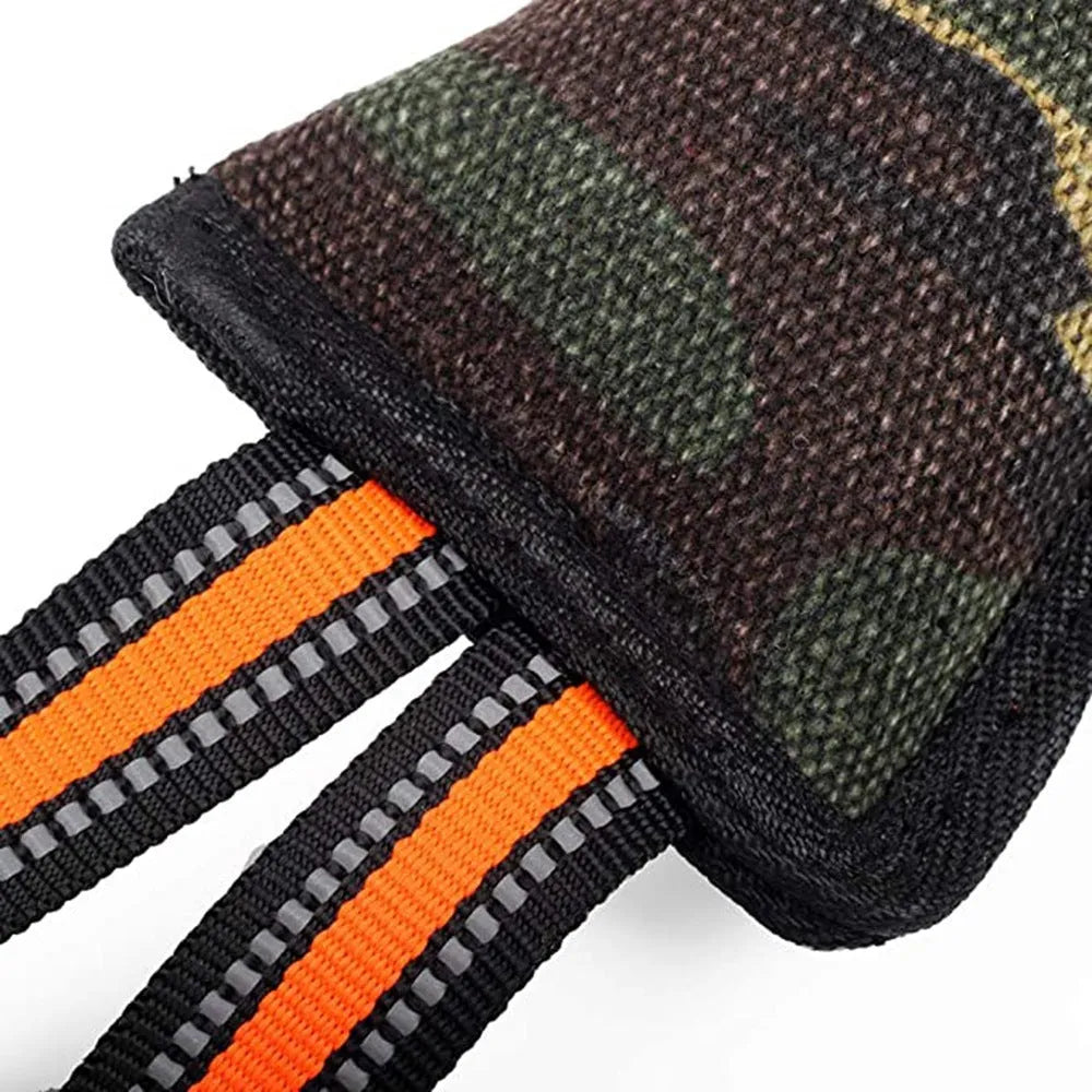Natural jute dog training bite stick with yellow edge trim, approximately 55cm length